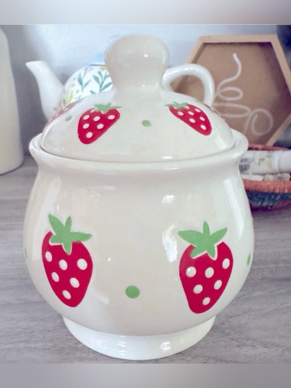 Ceramic strawberry themed small sugar bowl